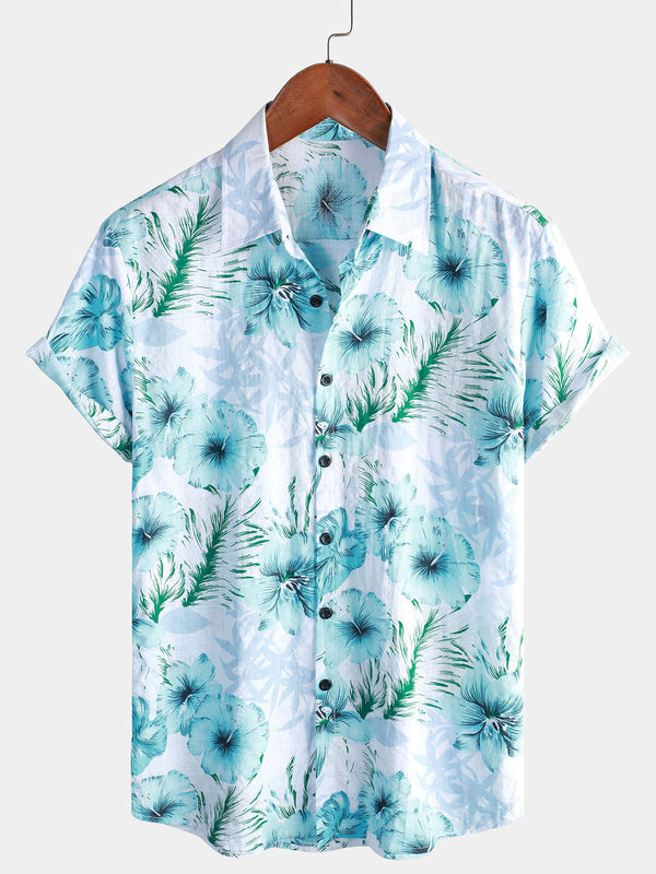Men's Hawaiian Shirt Floral Tropical Buttons Blue Hibiscus Summer Vacation Beach Short Sleeve