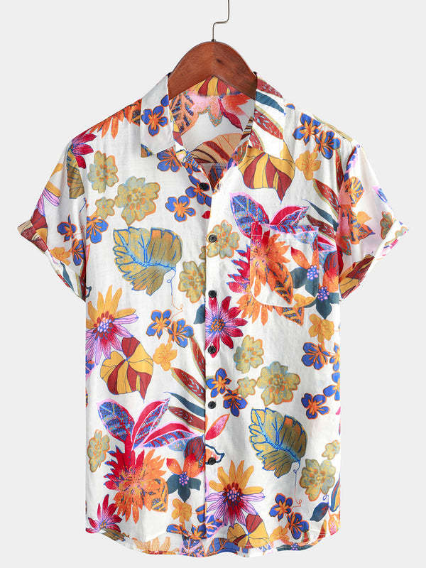 Men's Summer Shirt With Colorful Floral Pattern, Casual, Holiday, Flower Button, Short Sleeve