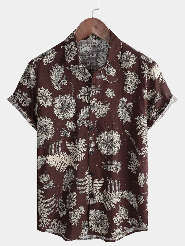 Brown Floral Short-Sleeved Button-Down Shirt For Men For Vacation, Leisure And Beach