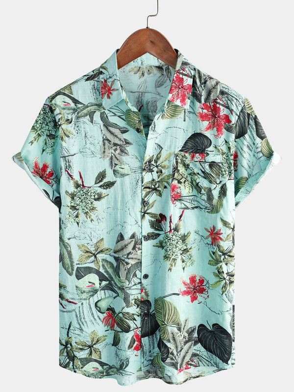Men's Cotton Shirt With Floral Pattern, Tropical Green Hawaiian Plant, Short Sleeve, With Buttons