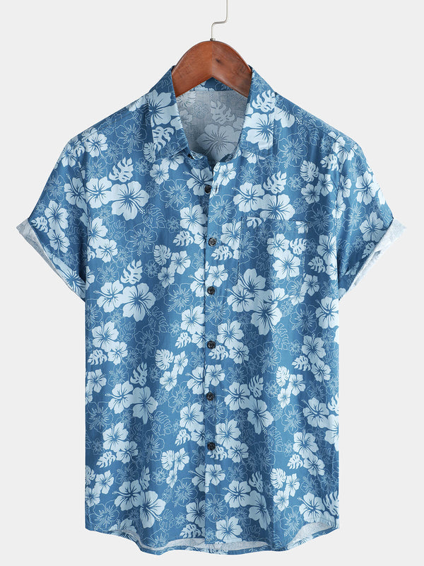 Men's Hawaiian Floral Print Shirt, Blue, For Vacation, Casual Pocket, Short Sleeves, Button Placket