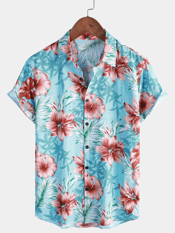 Men's Hawaiian Shirt With Tropical Buttons, Hibiscus Floral Print, Vacation, Beach Blue, Short Sleeve