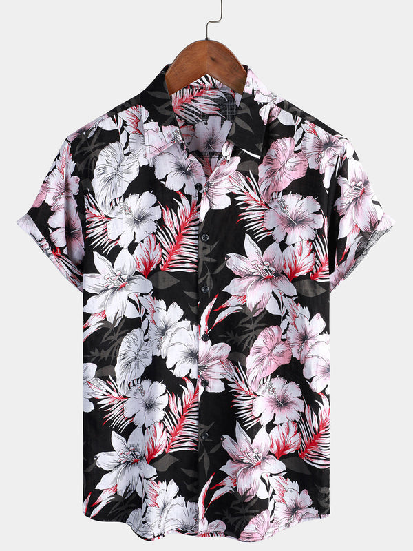 Men's Hawaiian Shirt Tropical Pink Floral Hibiscus Pattern Summer Vacation Beach Short Sleeve