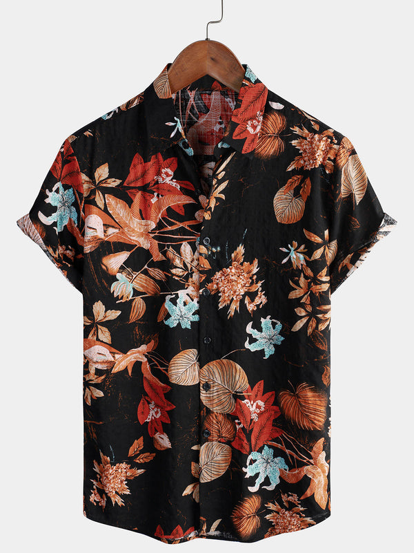 Men's Hawaiian Short Sleeve Shirt With Vintage Floral Print And Buttons For Vacation