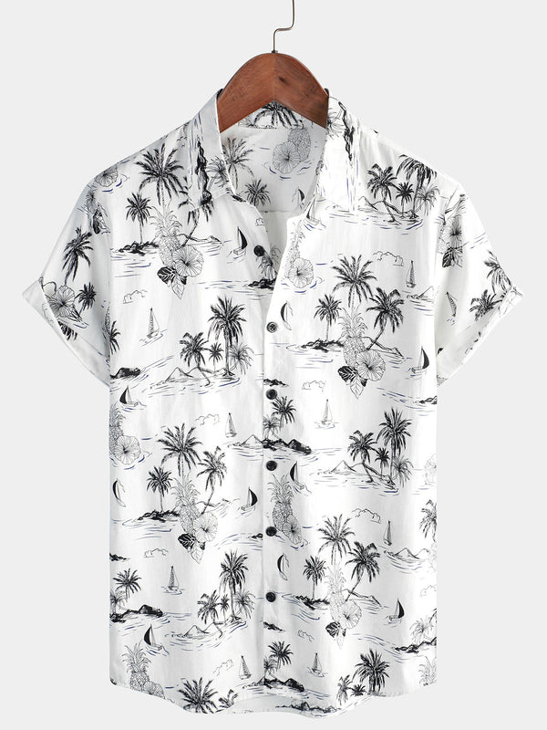 Men's Hawaiian Shirt With Tropical Pineapple And Palm Print, Aloha, Short Sleeve, White