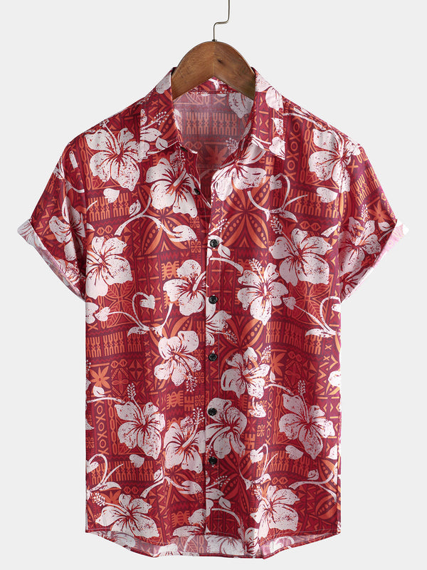 Red Hawaiian Vintage Hibiscus Floral Print Summer Beach Vacation Button Down Shirt For Men