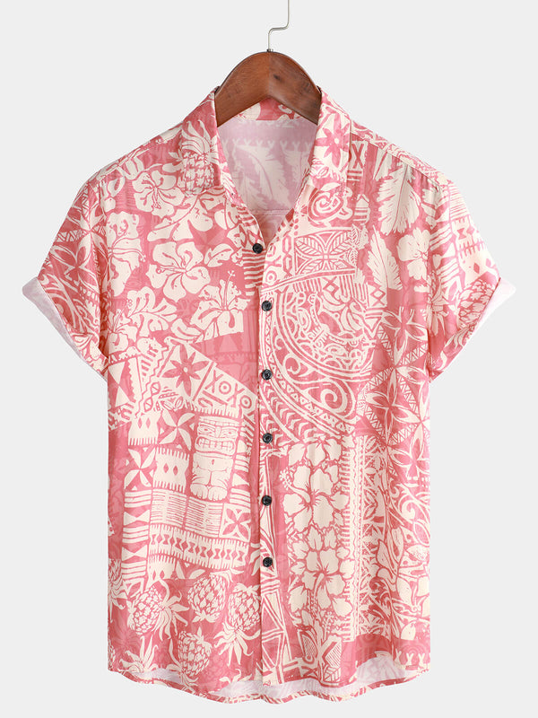 Men's Short-Sleeved Hawaiian Button-Up Shirt In Pink With Tropical Floral Print For Vacation