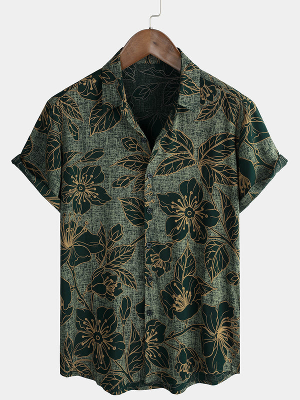 Men's Vintage Green Floral Print Button-Down Summer Holiday Short Sleeve Shirt