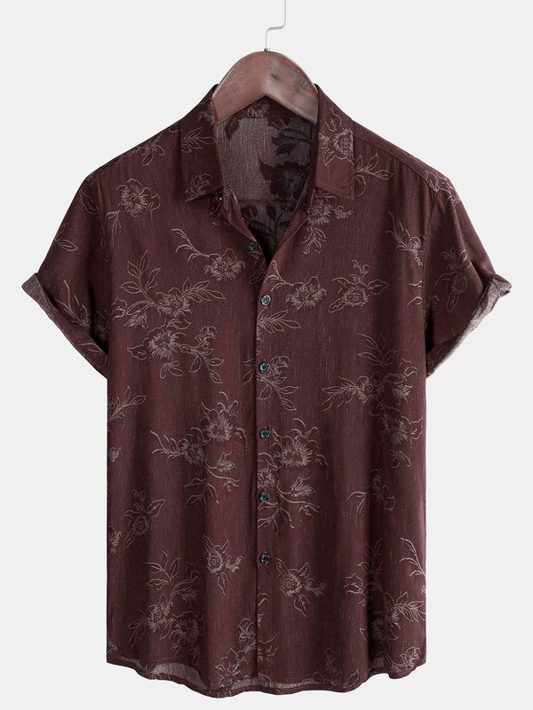 Men's Floral Print Holiday Red Casual Summer Short Sleeve Button Down Shirt