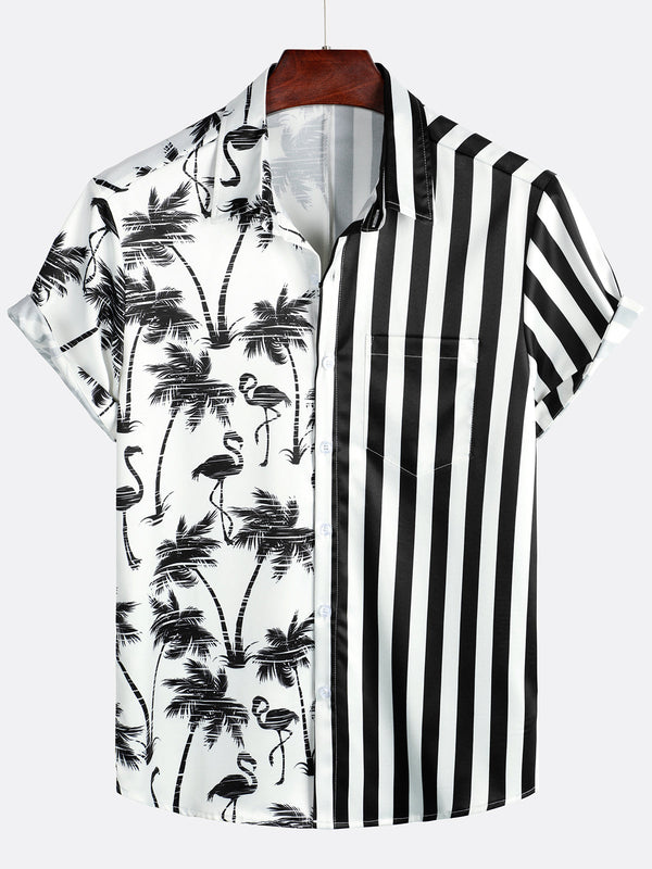 Men's Summer Hawaiian Short Sleeve Shirt With Tropical Flamingo Print, Black And White Striped, Pockets