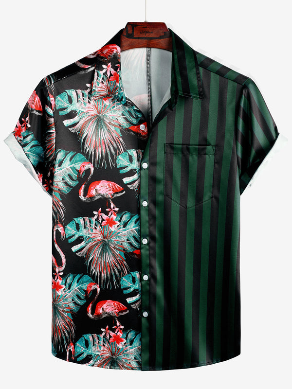 Men's Hawaiian Short Sleeve Shirt With Tropical Flamingo Green Stripe Print And Pocket