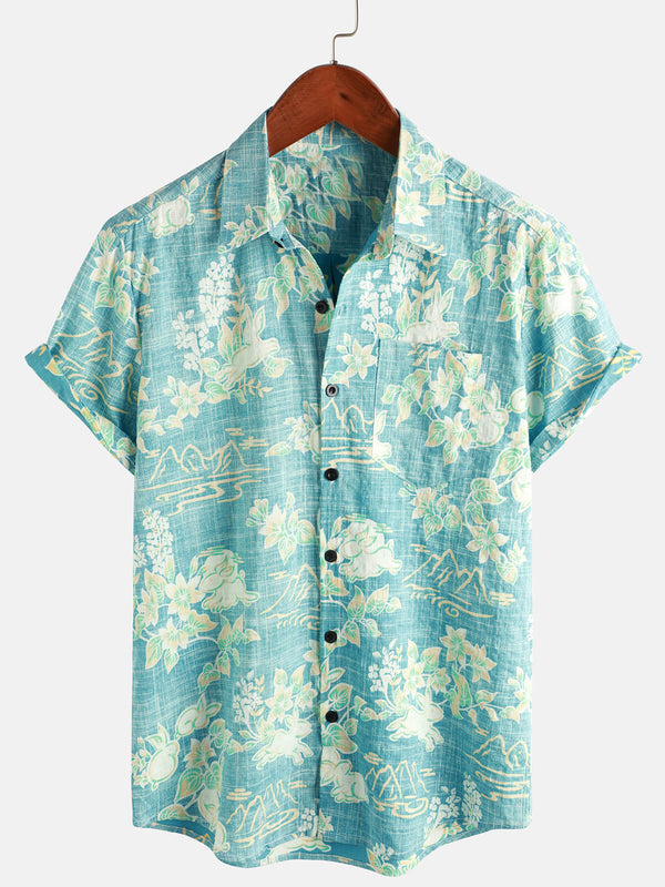 Men's Vintage Hawaiian Shirt Tropical Floral Print Pocket Beach Summer Short Sleeve Button Shirt
