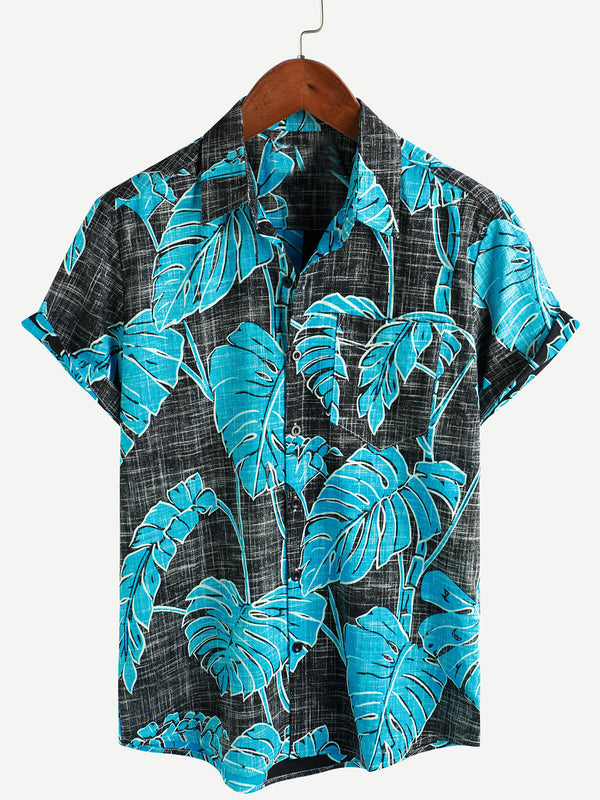 Men's Summer Shirt With Tropical Print And Pocket, Cool Black Hawaiian Beach Shirt With Short Sleeves And Buttons