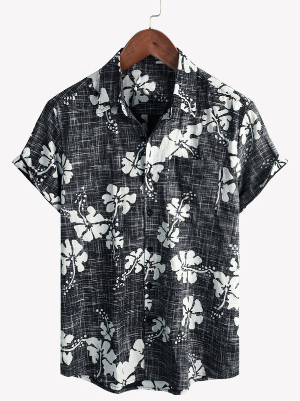 Men's Black Floral Vintage Hawaiian Shirt With Short Sleeves And Buttons For The Beach In Tropical Style