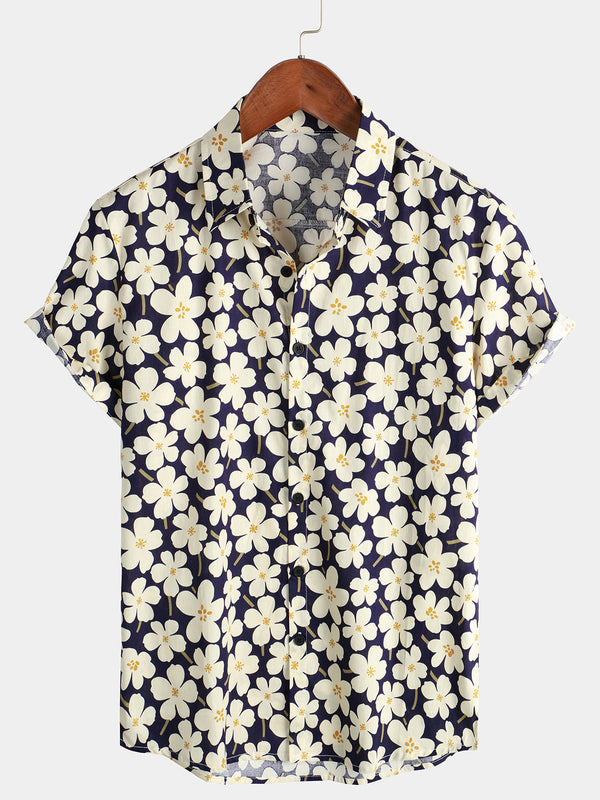 Men's Short Sleeve Floral Print Shirt, Holiday Flower, Casual
