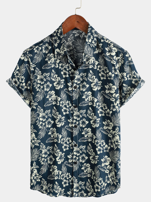 Men's Breathable Short-Sleeved Hawaiian Aloha Shirt Made Of Cotton With Floral Print And Vacation Pattern In Navy Blue