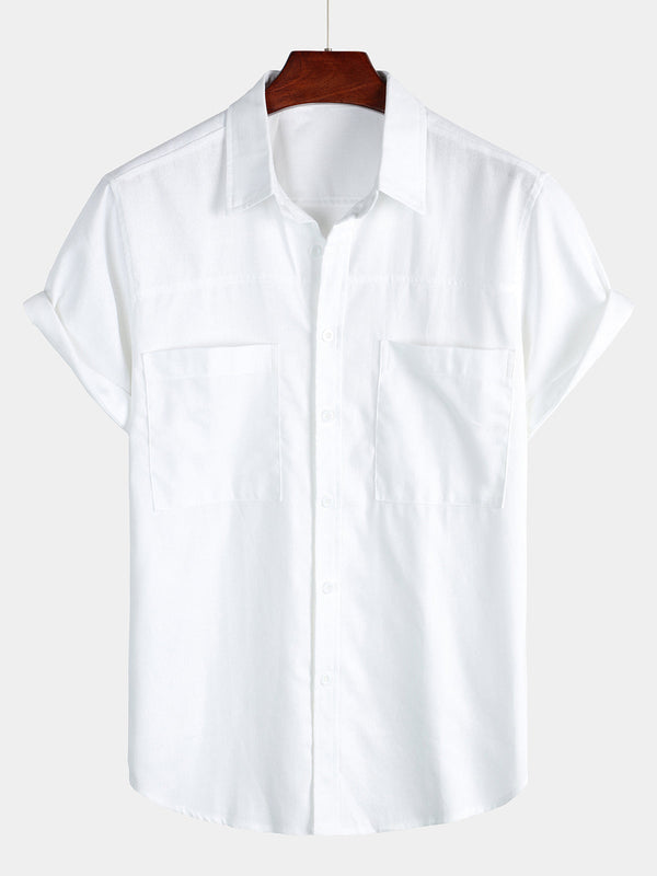 Men's Plain Cotton And Linen Short-Sleeved Shirt With Chest Pockets