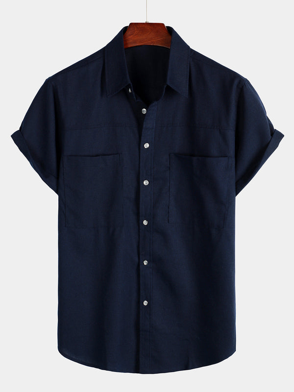 Men's Plain Cotton And Linen Short-Sleeved Shirt With Chest Pockets