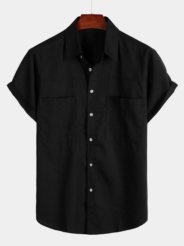 Men's Plain Cotton And Linen Short-Sleeved Shirt With Chest Pockets