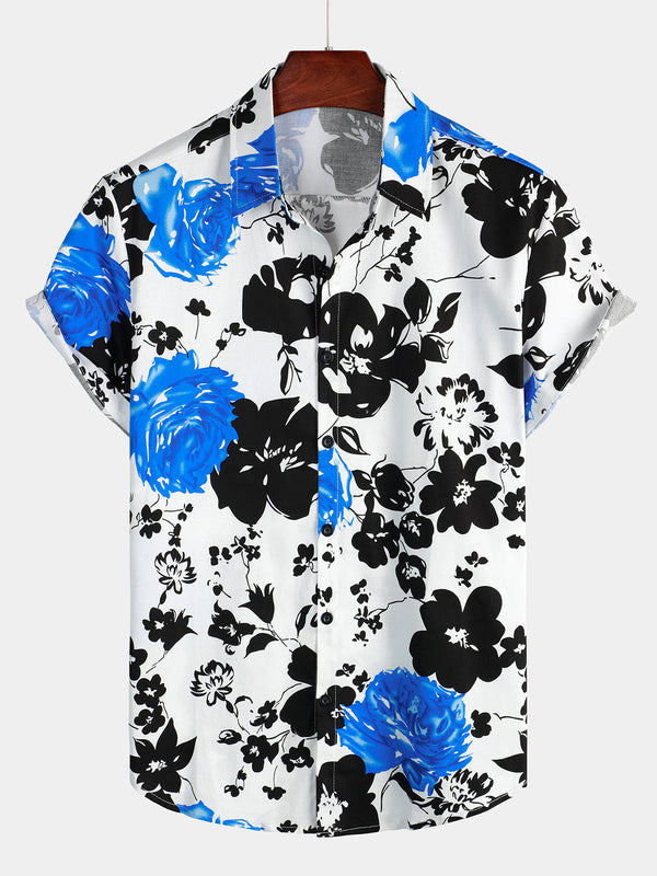 Men's Short Sleeve Floral Print Shirt For Vacation, Casual Blue Floral Pattern Cotton