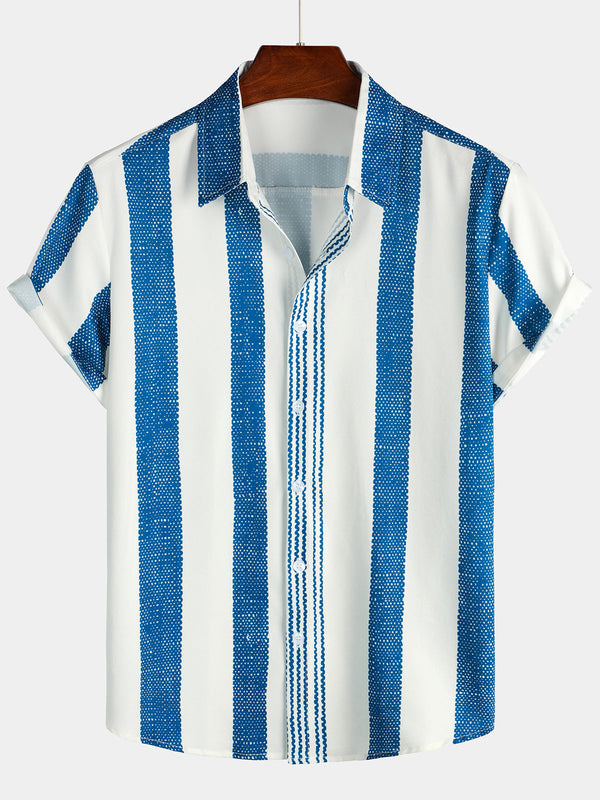 Men's Vintage Blue Vertical Striped Casual Short Sleeve Shirt