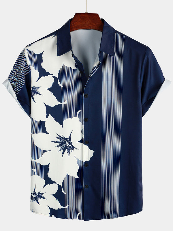 Men's Navy Blue Vertical Stripe Floral Hawaiian Vintage Aloha Short Sleeve Shirt