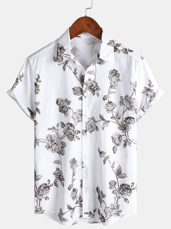 Men's Casual Short-Sleeved Floral Cotton Holiday Shirt