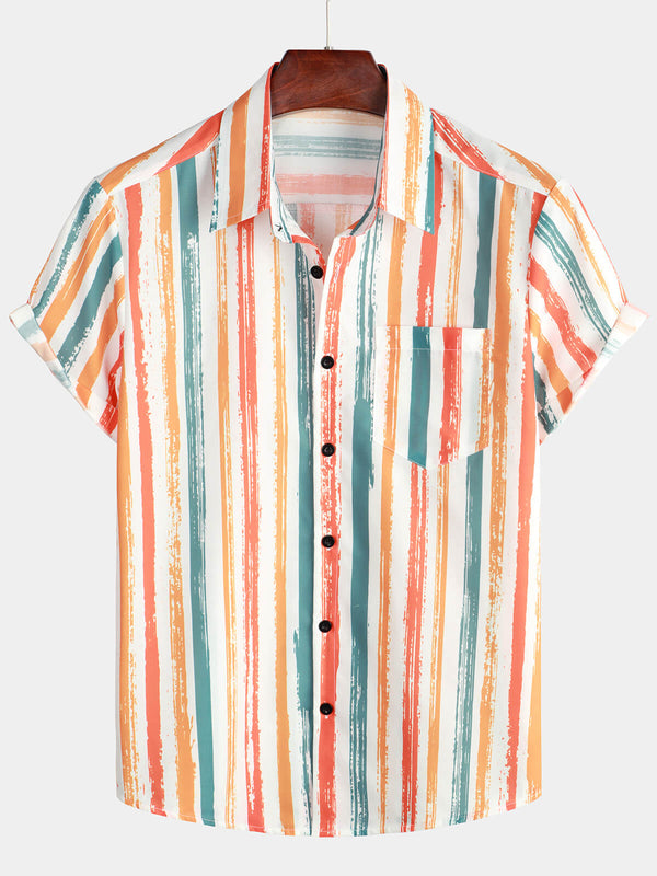 Men's Casual Orange Striped Summer Short Sleeve Button-Up Shirt With Retro Pockets
