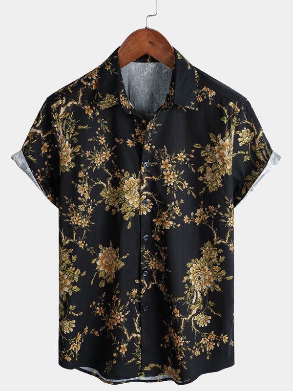 Men's Short-Sleeved Cotton Shirt With Floral Pattern For Vacation