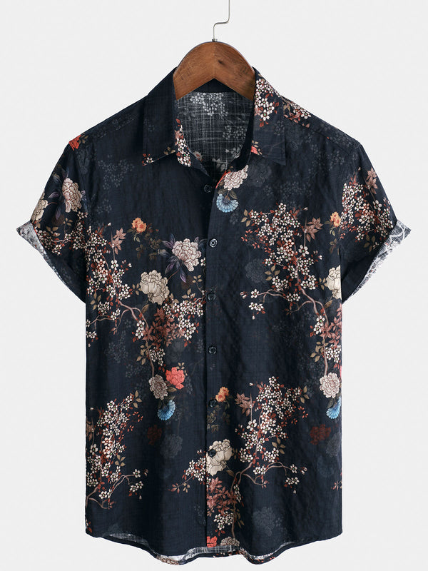 Men's Short-Sleeved Shirt With Retro Floral Pattern And Buttons For Vacation