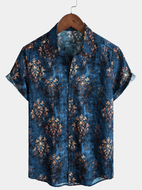 Men's Blue Retro Summer Short Sleeve Button-Up Shirt