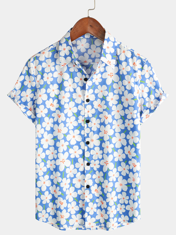 Men's Summer Floral Print, Vacation, Flower Resort, Casual Lapel, Light Blue Short Sleeve Shirt
