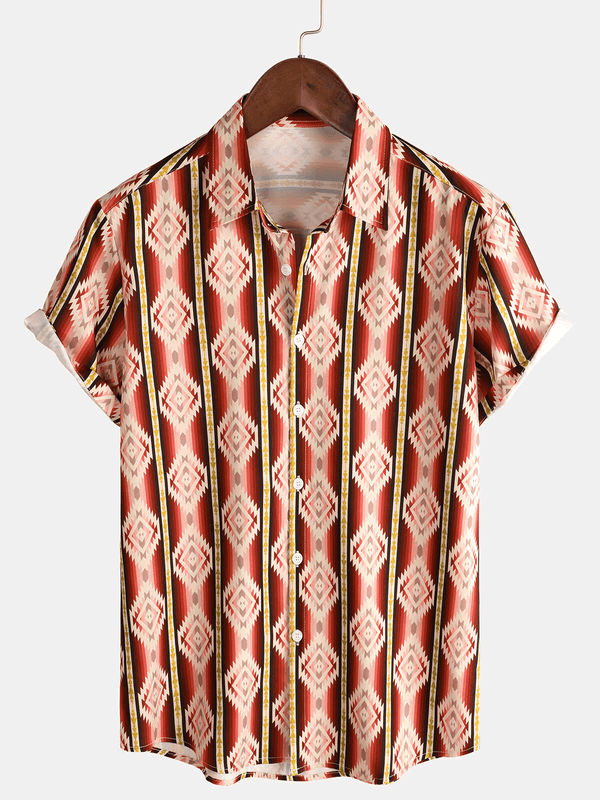 Men's Striped Casual Short Sleeve Orange Summer Shirt With Buttons