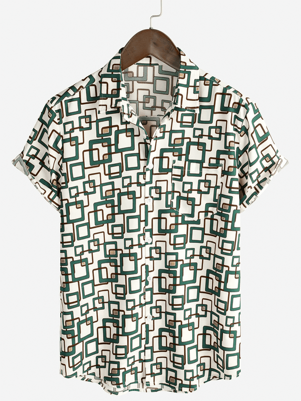 Men's Green Casual Holiday Geometry Summer Short Sleeve Button Down Shirt