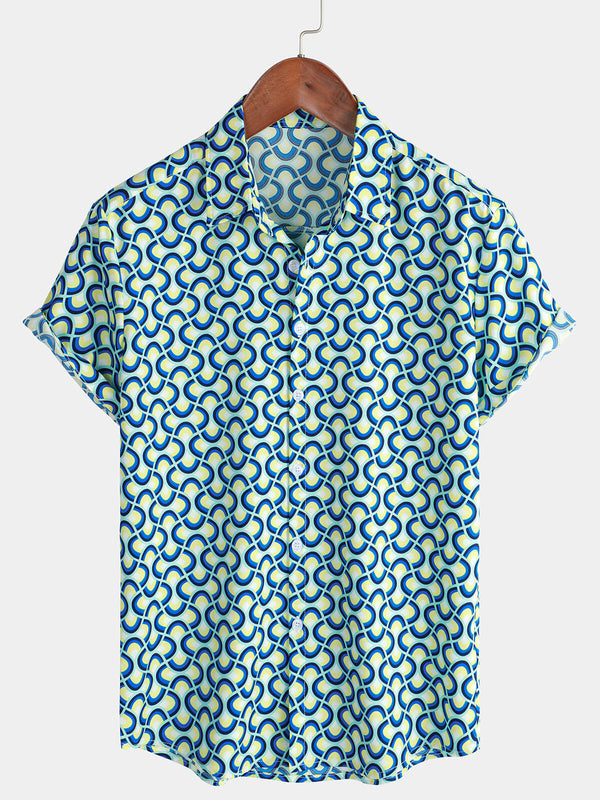 Men's Casual Holiday Geometry Summer Short Sleeve Button Down Shirt In Blue