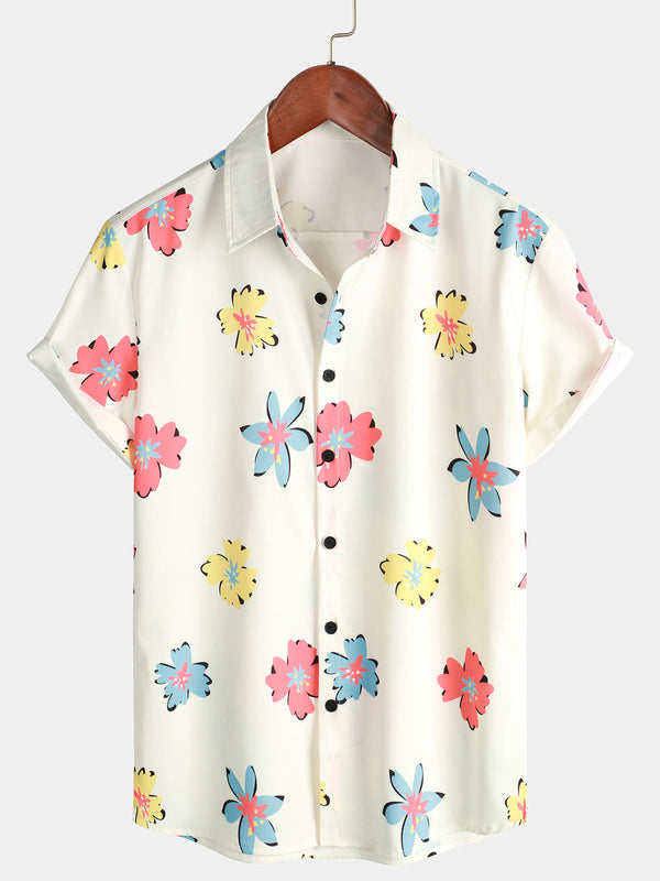 Men's Summer Floral Print White Top Short Sleeve Button Down Shirt