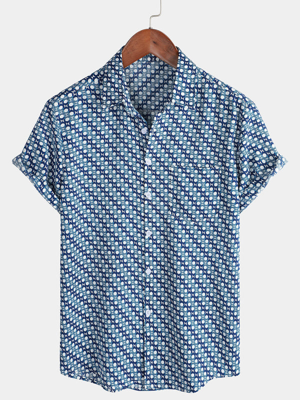 Casual Short-Sleeved Blue Button-Down Shirt For Men On Vacation And Summer