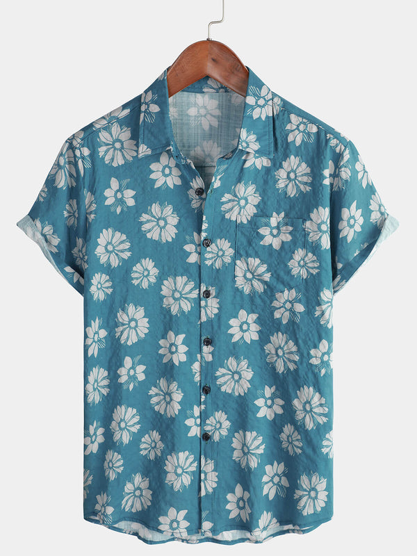 Men's Blue Floral Short Sleeve Summer Hawaiian Shirt Made Of Cotton With Buttons