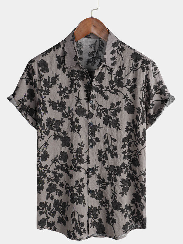 Men's Grey Short-Sleeved Floral Cotton Shirt In Vintage Style With Buttons