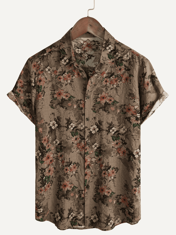 Brown Floral Vintage Short Sleeve Retro Summer Cotton Button-Up Shirt For Men