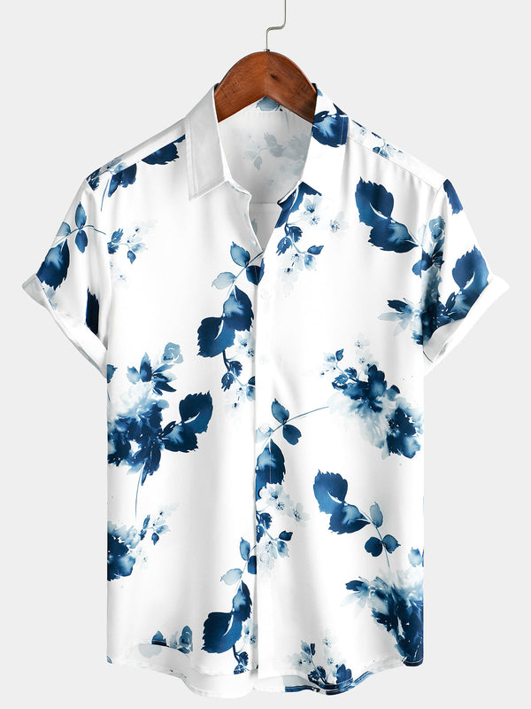 Men's Casual Floral Button-Up Shirt, Short Sleeve, For Summer, Vacation, Beach