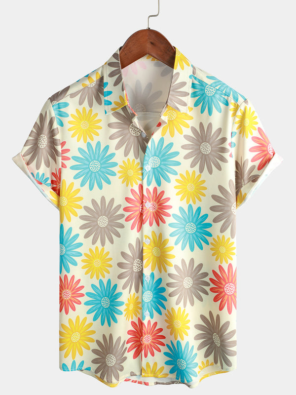 Men's Colorful Daisy Floral Print Shirt Casual Summer Beach Short Sleeve