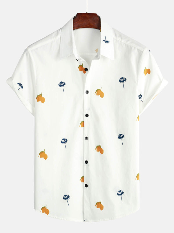 Men's White Cotton Hawaiian Shirt With Buttons, Beach Vacation, Summer Short Sleeve Shirt