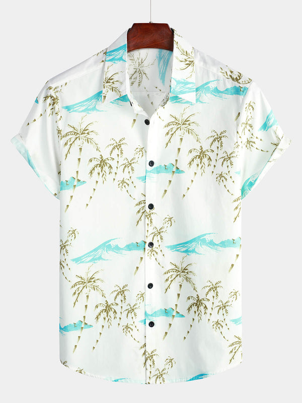 Men's Short-Sleeved White Button-Down Beach Shirt In Cotton With Island And Palm Tree Print