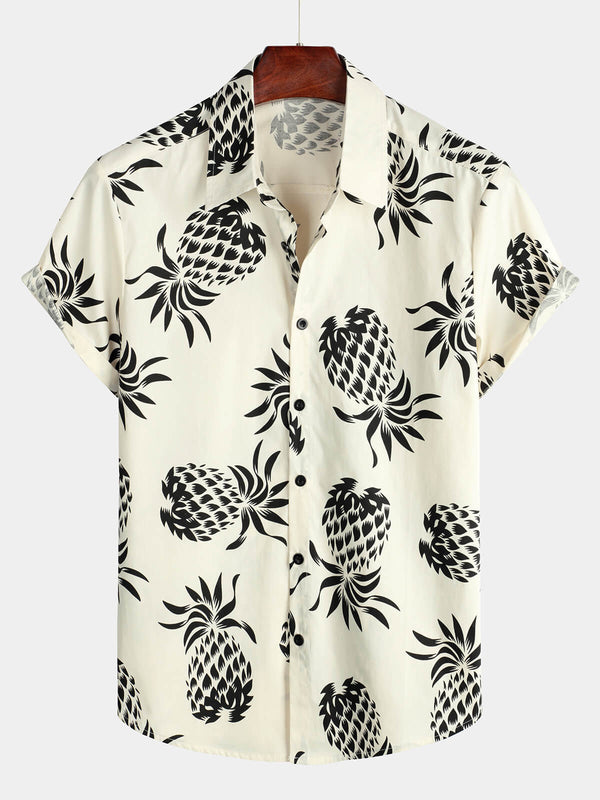 Men's Beige Pineapple Print Cotton Summer Hawaiian Beach Shirt With Buttons