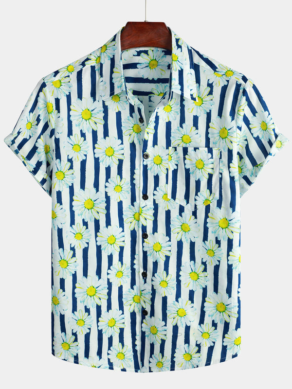 Blue Striped Men's Cotton Shirt With Daisy And Floral Print, Pocket Collar, Short Sleeve, Summer Shirt With Button Placket