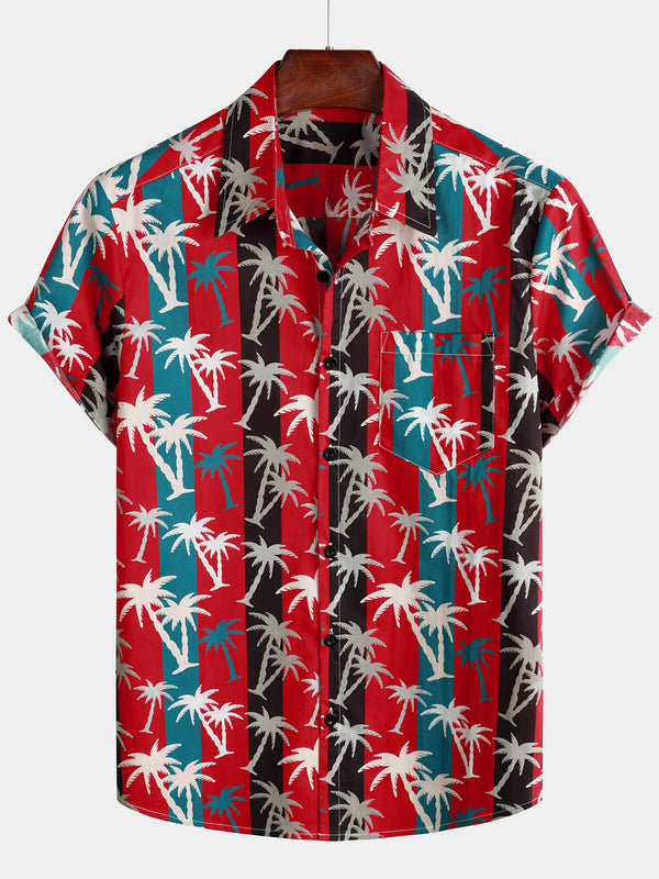 Men's Red Striped Hawaiian Shirt With Palm Print And Collar Made Of Cotton With Pocket And Short Sleeves
