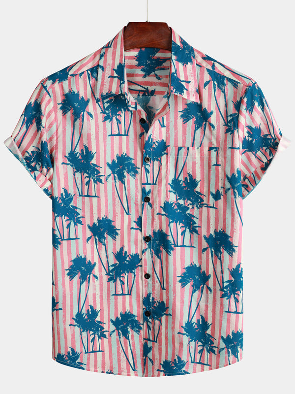 Men's Pink Striped Palm Print Cotton Shirt With Pockets, Summer Short Sleeve Shirt With Camp Collar