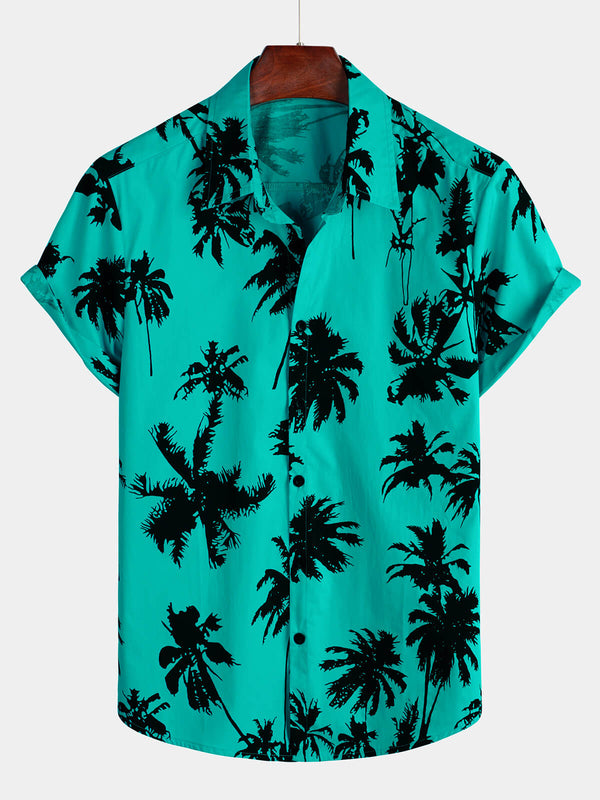 Men's 100% Cotton Palm Print Shirt, Summer And Beach Hawaiian Short Sleeve Shirt