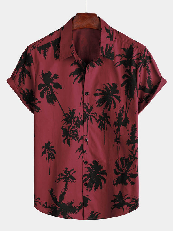 Men's Burgundy Cotton Palm Print Short Sleeve Collar Beach Shirt